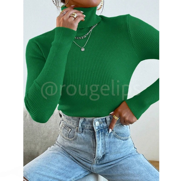 Green Rib-Knit High Neck, Turtleneck Sweater Long Sleeve Slim Fit - Picture 2 of 9